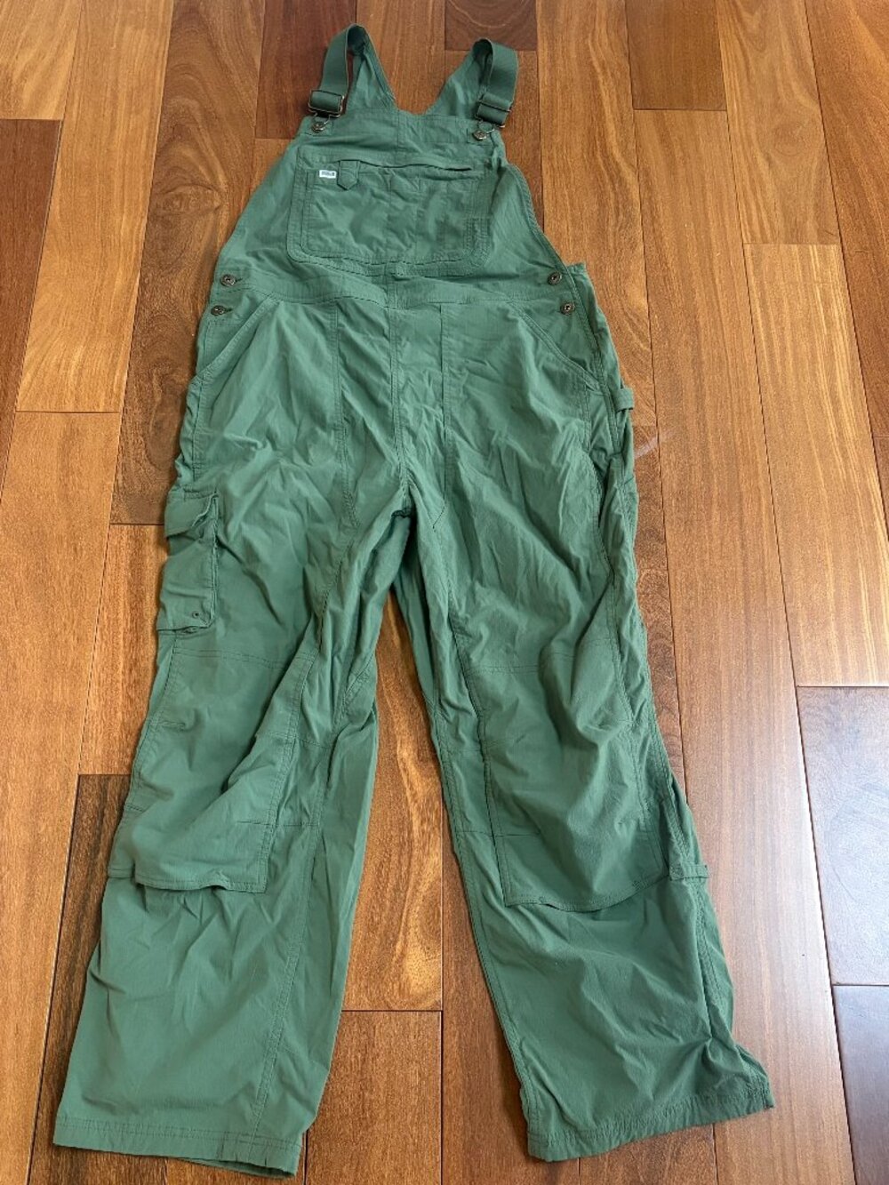 Duluth Trading women's green ripstop utility straight leg bib overalls